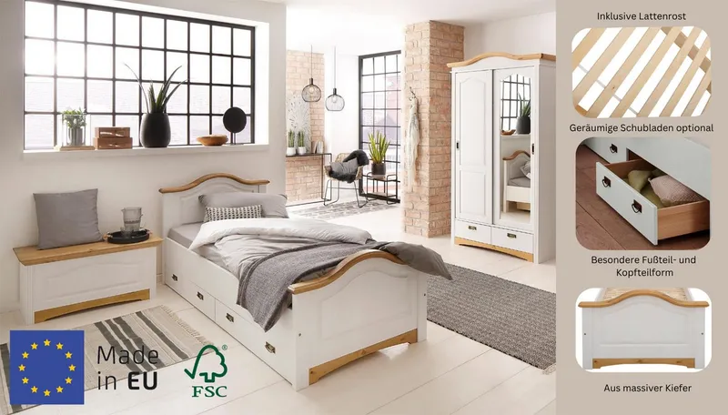 OTTO home Massivholzbett Konrad, Stauraumbett, Messinggriffe, rustikaler Landhausstil, mit FSC®-zertifiziertem Massivholz, Liegehöhe 40 cm, Weiß, – Produktbild 4 von 5