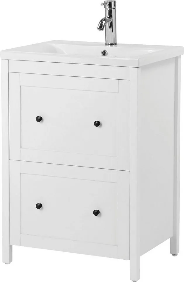 welltime Waschtisch, Badmöbel inkl. Keramikbecken, Breite 60 cm mit Schubladen, Weiß, – Produktbild 2 von 5