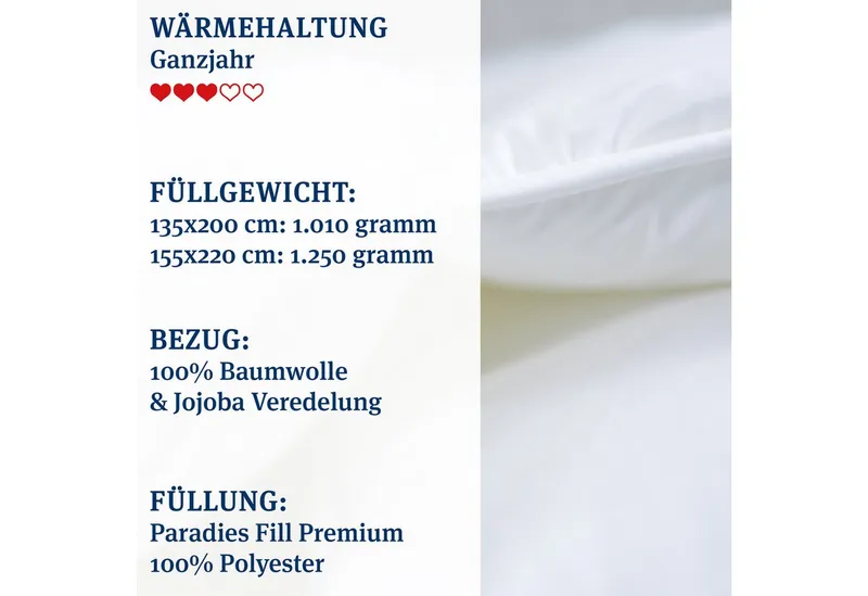 Paradies Paradies Kunstfaserbettdecke Runa, Füllung: 100% Polyester, Bezug: 100% Baumwolle, extra voluminöse & kuschelige Ganzjahresbettdecke, vegane Daunendecke, Weiß, – Produktbild 1 von 5
