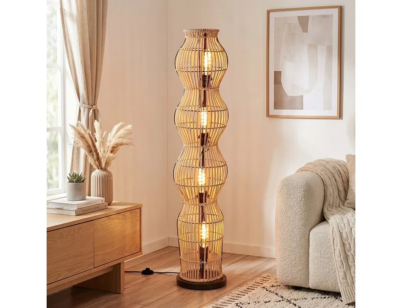 hofstein Stehlampe Stehlampe im skandinavischen Design mit Schirm aus Bambus in Natur, ohne Leuchtmittel, Stehleuchte im Boho-Style mit Lichteffekt und Fußschalter, E27, 110 cm, Beige|schwarz, – Produktbild 3 von 5