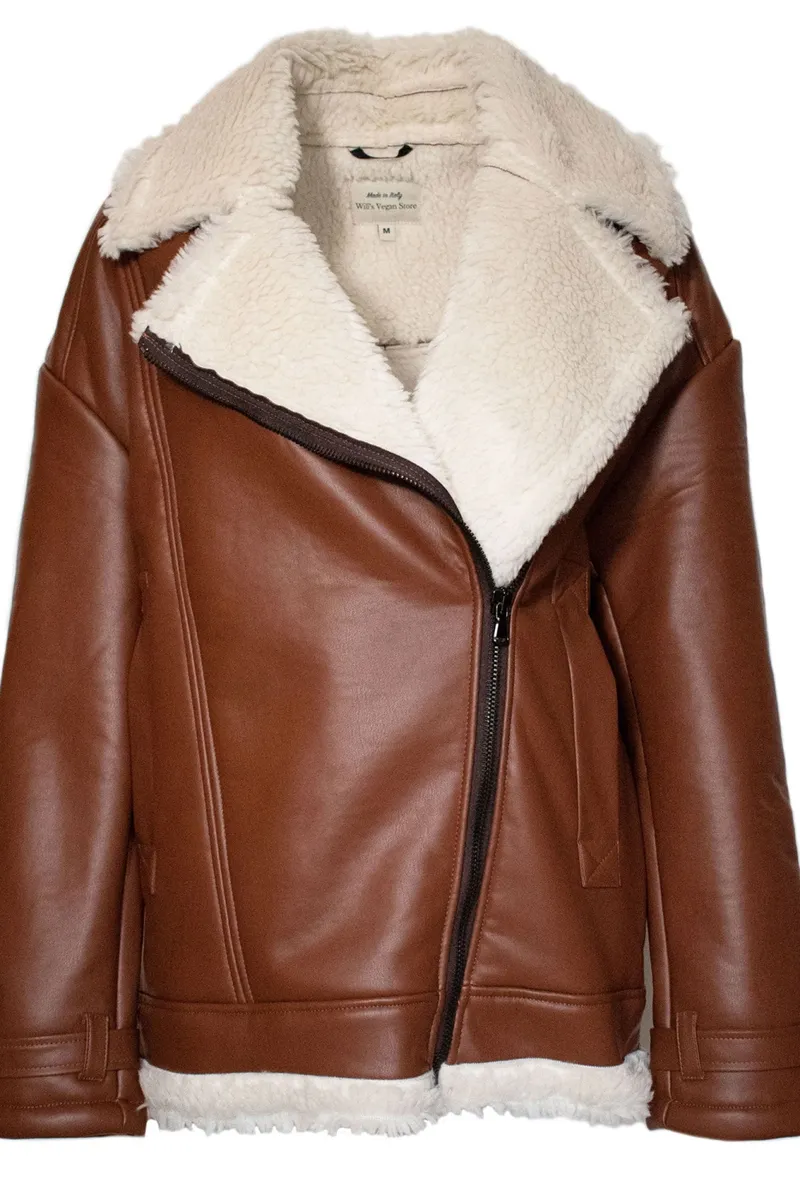 Will's Vegan Store Will's Vegan Store Herren vegan Herren Oversized Recycled Vegan Shearling Aviator Jacket Braun, Braun, – Produktbild 2 von 3