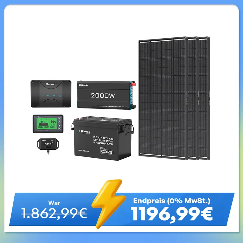 Renogy DE 3,84 kWh Wohnmobil Power Solaranlage| 2000W Wechselrichter, 50A Batterladegerät - inkl. 0% MwSt. / mit 3 Stück 200W Shadow Flux Solarmodule – Produktbild 1 von 2