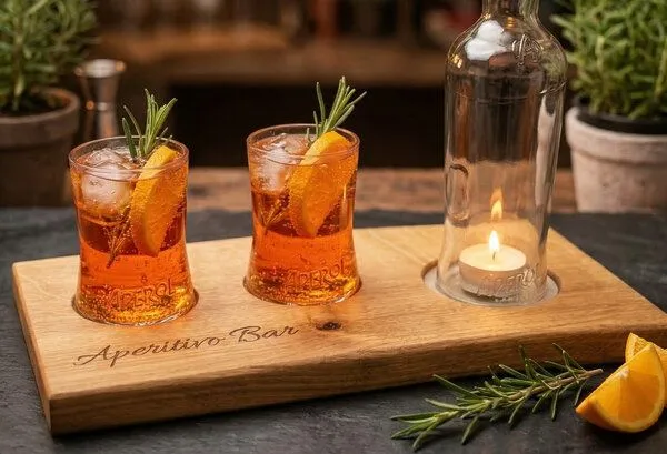 Portia by Callidus Designs Portia by Callidus Designs Aperitivo Bar Servierbrett aus Eiche mit Naturkante mit Glasmulden – Produktbild 7 von 8