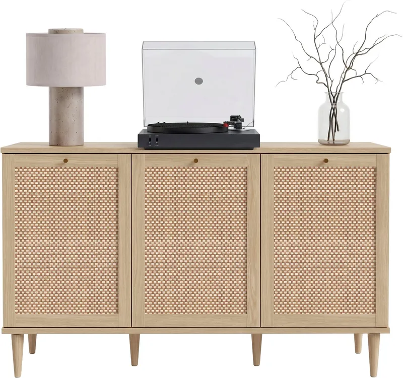 OTTO home Sideboard ELLIAN mit Wiener Geflechtoptik, 3 Türen, Boho Stil, Vintage, Holzfüße, Metallgriffe, Made in EU, viel Stauraum, FSC® zertifiziert, Beige, – Produktbild 1 von 5