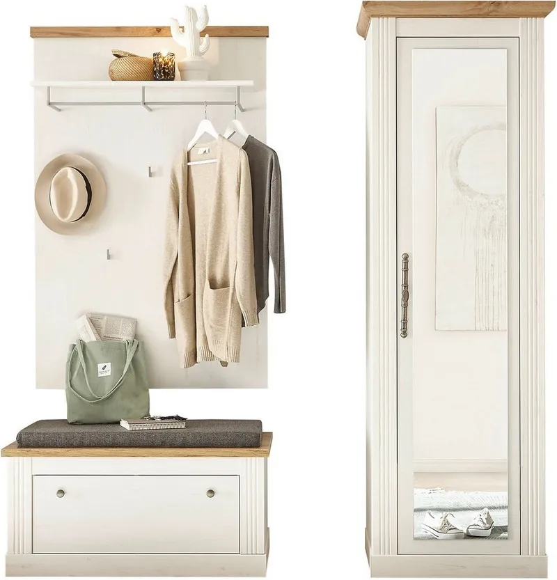 OTTO home Garderoben-Set Westminster, Garderobe im Landhausstil, Komplettset mit viel Stauraum, (3-St), enthält Schuhbank +Sitzkissen, Paneel & Garderobenschrank, Weiß, – Produktbild 2 von 5