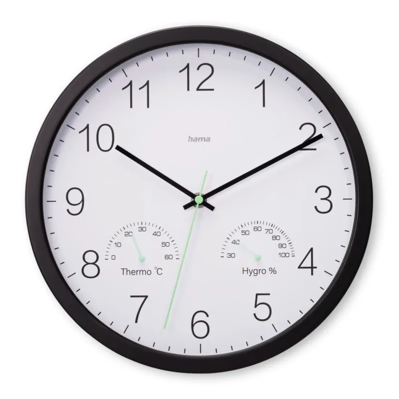 Hama Hama Wanduhr "Santorini", ohne Ticken, m. Thermo- u. Hygrometer, Ø 30cm, Schwarz, – Produktbild 1 von 3