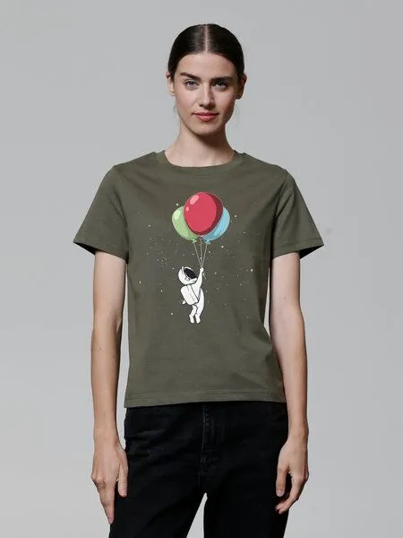 watapparel watapparel T-Shirt Frauen Little Balloon Astronaut, Khaki, – Produktbild 2 von 3