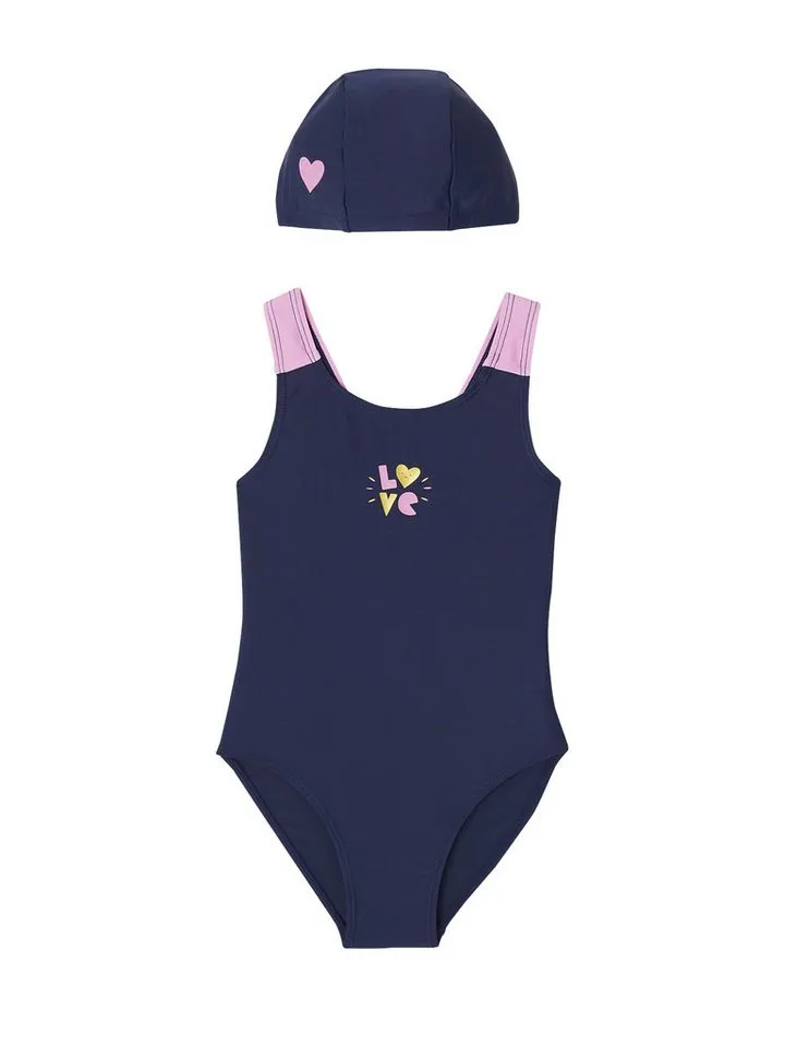 Vertbaudet Vertbaudet Badeanzug Badeanzug LOVE mit Badekappe Mädchen, Blau, – Produktbild 1 von 4
