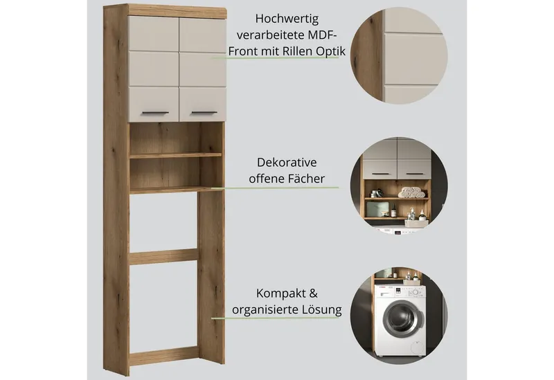 furnling Waschmaschinenumbauschrank Scott 2 offene Fächer, 2 Türen, platzsparend, Badmöbel, Badschrank, Umbau, Grau, – Produktbild 4 von 5