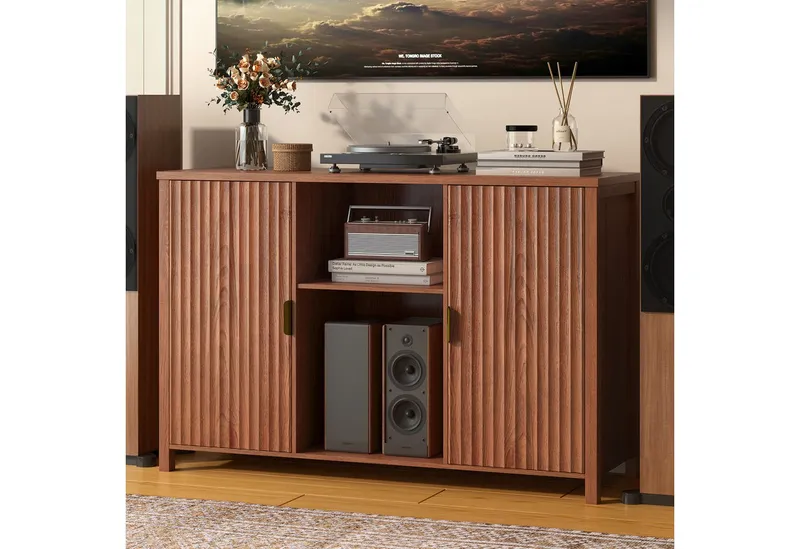 BROTTAR Sideboard Plattenspieler-Schrank, Vinylregal mit offenen Fächern, Rillentüren (1 St), mit Schallplattenaufbewahrung, Braun, – Produktbild 3 von 5