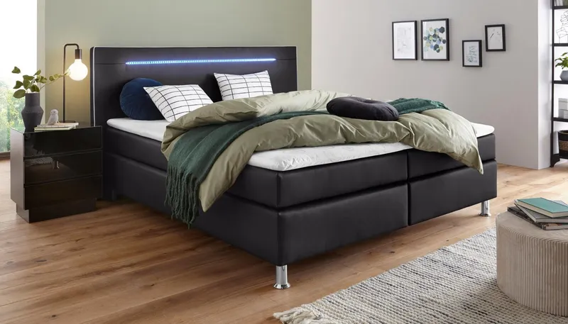 COLLECTION AB Boxspringbett LONDON inkl. Bonnell-Federkernmatratze H2, mit Topper, Kissen & LED, 90/140/180 cm x 200 cm, Schwarz, – Produktbild 3 von 8