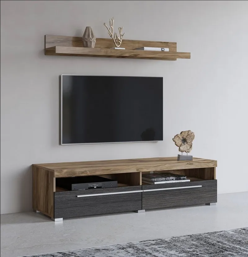OTTO home Lowboard Roger,Breite 140 cm, stilvolle TV-Kommode, inclusive Wandboard, TV-Schrank mit viel Stauraum, TV-Board, 2 Klappen, Braun, – Produktbild 2 von 5