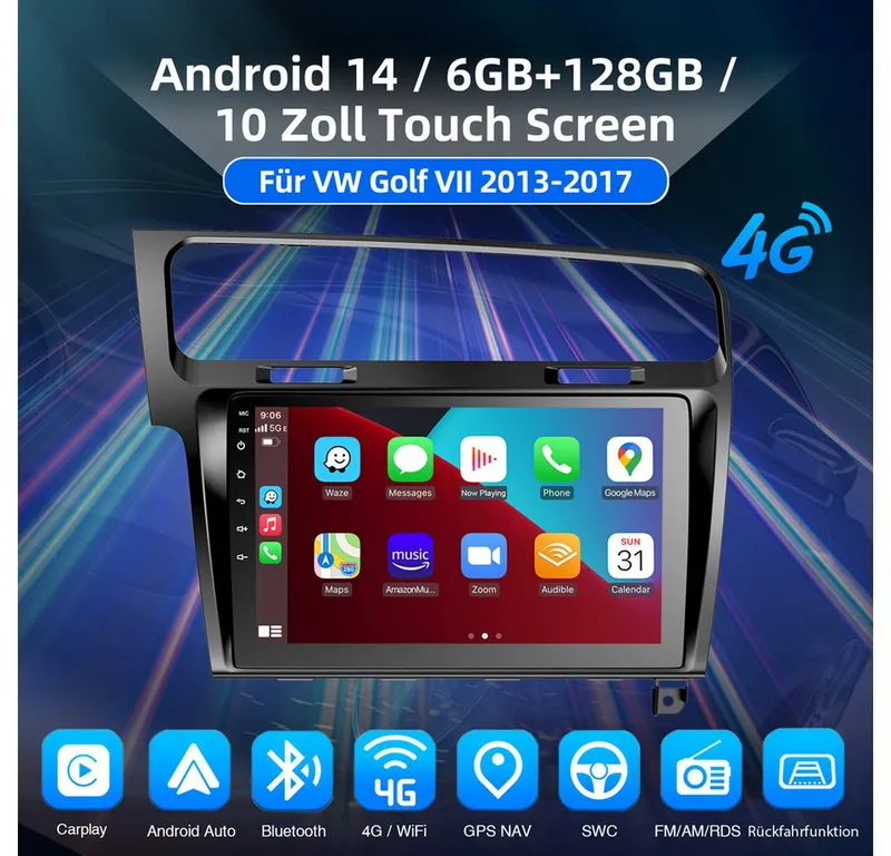 ESSGOO Für Golf 7 2013-2017 6+128GB 8-Kern NAVI Carplay QLED Autoradio (RDS, Digitalradio (DAB), FM, AM, Apple Carplay Android Auto 4G LTE ASP SWC BT GPS), Schwarz, – Produktbild 2 von 5