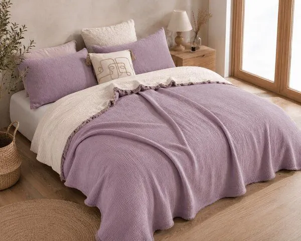 Sandiik Sandiik Musselin Wohndecke Double Face in softem Lila & Beige – Produktbild 3 von 4