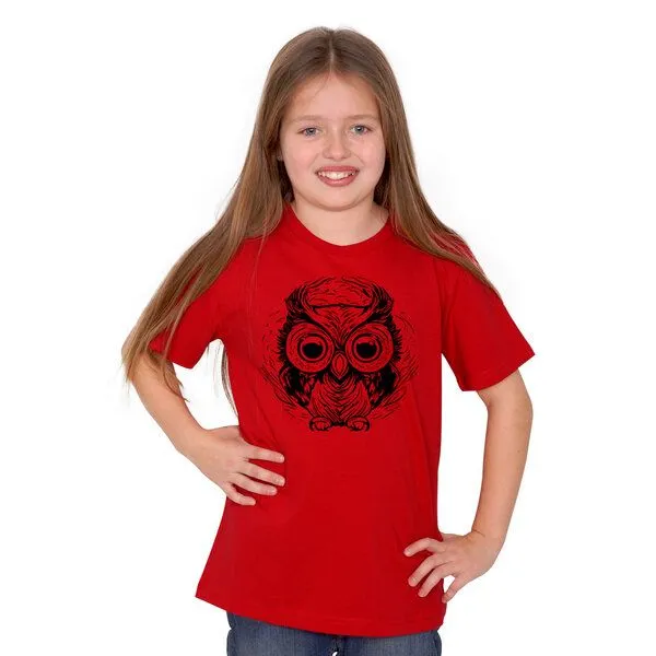 HANDGEDRUCKT HANDGEDRUCKT "Eule" Kinder-T-Shirt reine Biobaumwolle (kbA), Red, – Produktbild 1 von 3