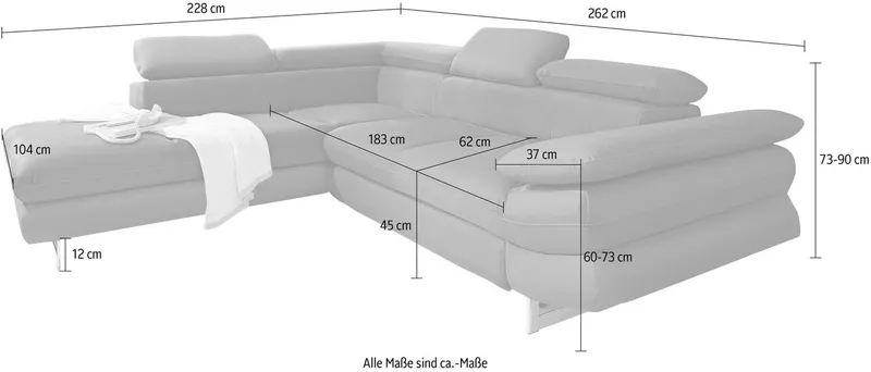 COTTA Ecksofa Solution L-Form, Design Sofa, bequeme Wellenunterfederung, Design Fuß, mit Arm- & Kopfteilverstellung, wahlweise mit Schlaffunktion, Grau, – Produktbild 4 von 5