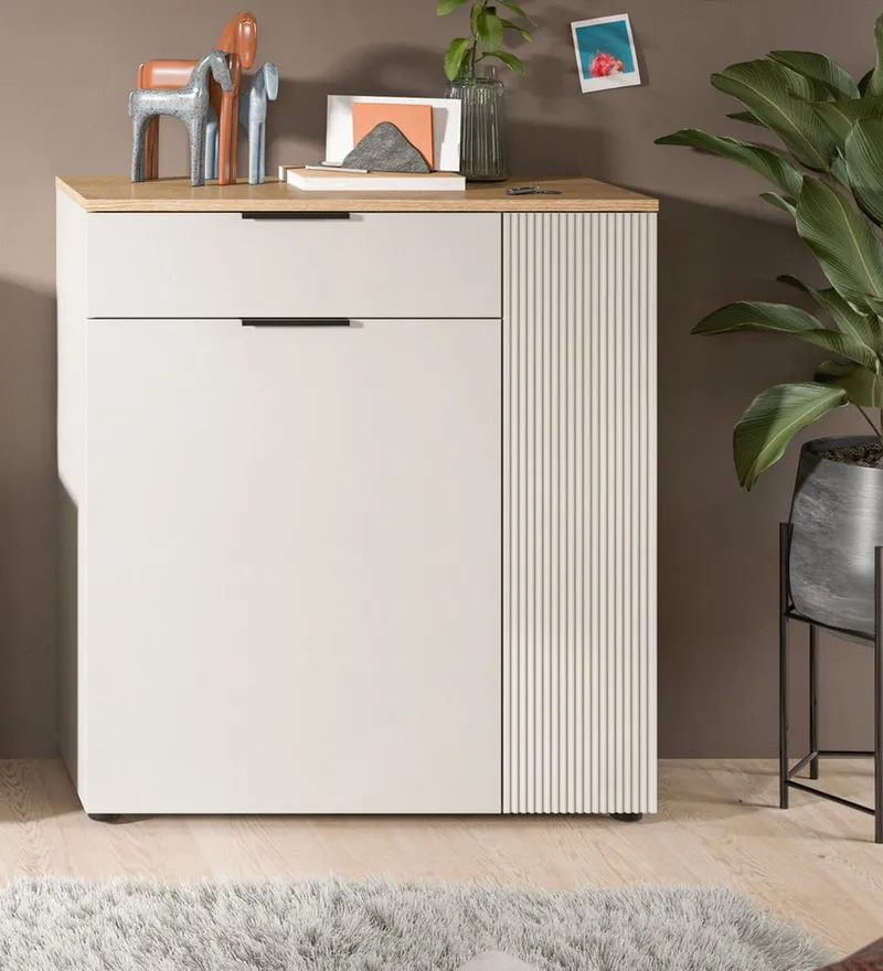 Inn.Furn Schuhkommode Skid (Kommode in Kaschmir Sand mit Eiche, 80 x 88 cm), Vollauszug und Fräsungen, Beige, – Produktbild 5 von 5