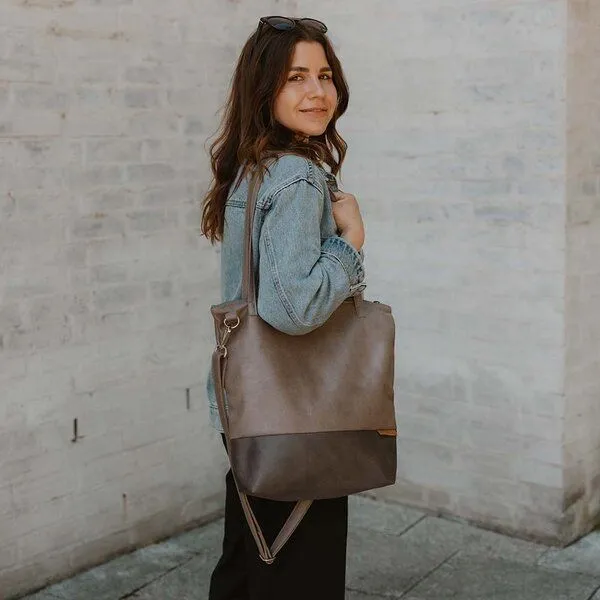 BOWLEANIES TASCHEN BOWLEANIES TASCHEN Shopper & Umhängetasche aus Lederfaserstoff mit Reißverschluss, Grau & dunkelgrau, – Produktbild 3 von 4