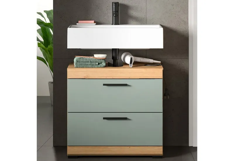 furnling Waschbeckenunterschrank Scott 2 Schubladen, Badmöbel, Badschrank, Badunterschrank, 60 cm breit, Grün, – Produktbild 2 von 5