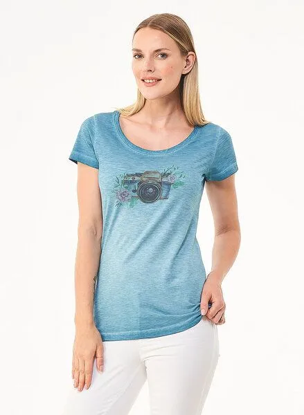 ORGANICATION ORGANICATION Cold Pigment Dyed T-Shirt aus Bio-Baumwolle mit Kamera-Print, Blau(mint), – Produktbild 1 von 4