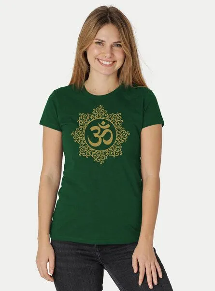 Peaces.bio - handbedruckte Biomode Peaces.bio - handbedruckte Biomode Bio-Damen-T-Shirt "Classic Om", Flaschengrün, – Produktbild 2 von 2