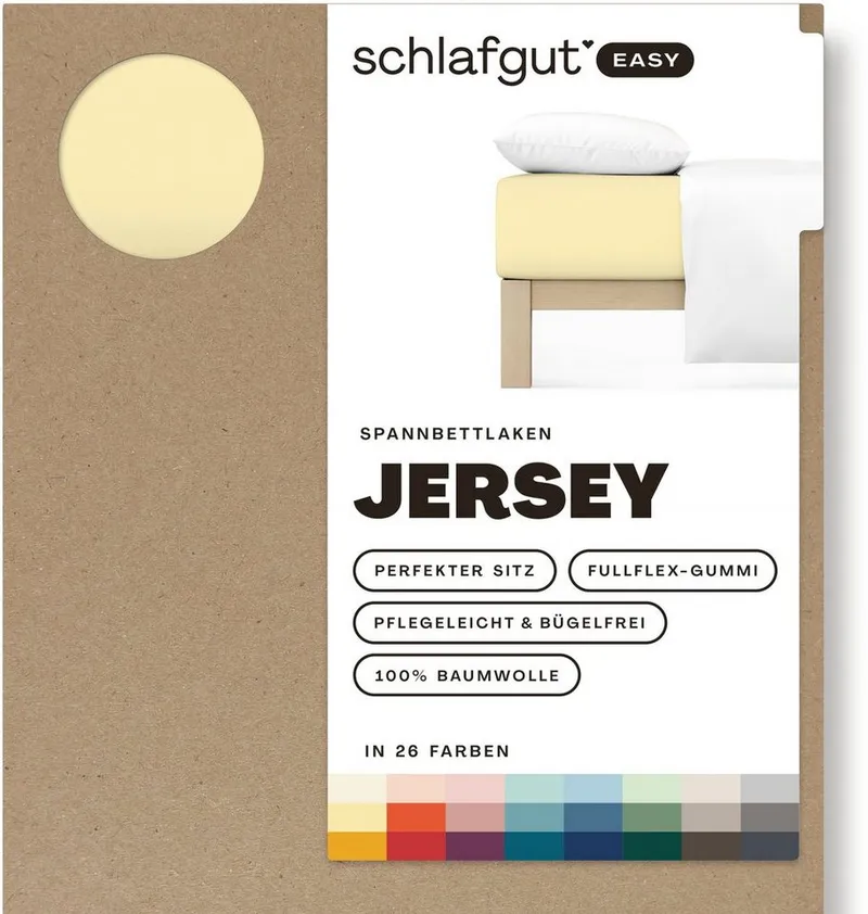 Schlafgut Schlafgut Spannbettlaken EASY JERSEY Bettlaken, 150 g/m², 100% Baumwolle, Spannbetttuch, Jersey, Gummizug: rundum, (1 Stück), Spannbettlaken bis 22 cm Höhe, bügelfrei, pflegeleicht, perfekter Sitz, Gelb, – Produktbild 4 von 5