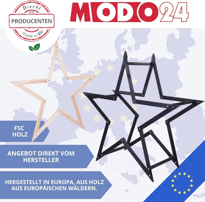 Modo24 Dekostern DIY MODOSTAR Weihnachtsstern Set aus FSC Holz 2D und 3D in 3 Breiten, zum Garten & Terrasse, wetterfest, faltbar & stabil, Weihnachtsdeko, Schwarz, – Produktbild 1 von 6