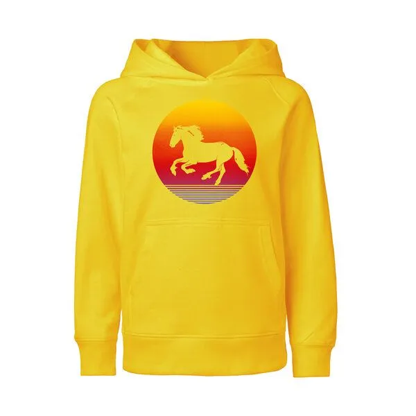 HANDGEDRUCKT HANDGEDRUCKT "Sunsethorse" Kinder Hoody aus reiner Biobaumwolle (kbA), Yellow, – Produktbild 1 von 4