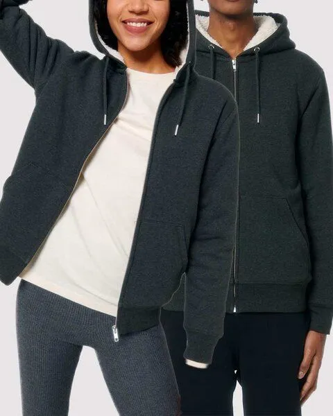 YTWOO YTWOO Sherpa Hoodie, Unisex, Zip-through, nachhaltig, Bio-Baumwolle, Dunkelgrau meliert, – Produktbild 1 von 3