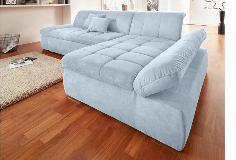 DOMO collection Ecksofa NMORIC XXL, 300x172x80cm, viel Platz, bequem, L-Form, wahlweise mit Bettfunktion und Armlehnverstellung, Blau, – Produktbild 2 von 5