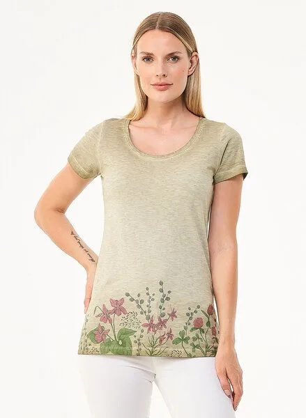 ORGANICATION ORGANICATION Cold Pigment Dyed T-Shirt aus Bio-Baumwolle mit Blume-Print, Grün(olive), – Produktbild 1 von 4