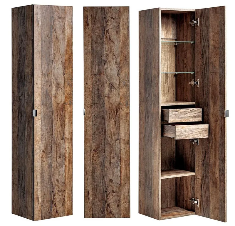 Lomadox Hochschrank PUEBLA-56 Badmöbel Vintage Oak Eiche, 2 Türen, B/H/T: 35/160/33 cm, Braun, – Produktbild 1 von 5