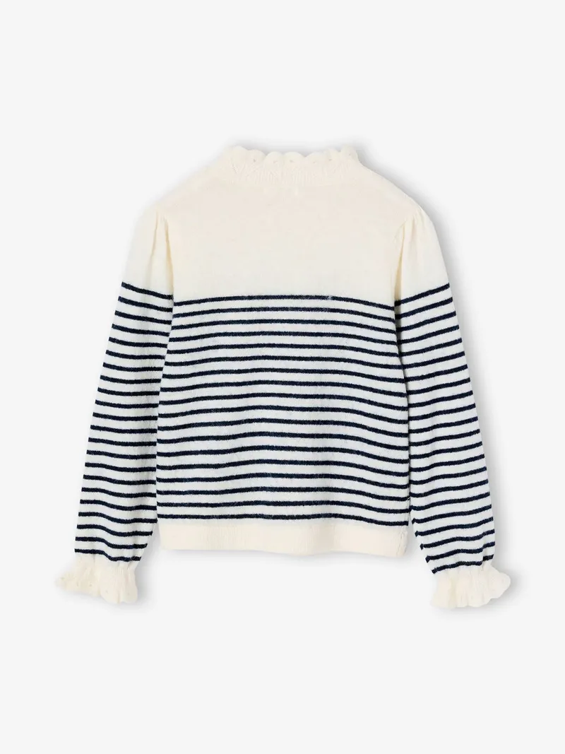 Vertbaudet Vertbaudet Gestreifter Mädchen Pullover mit Volantkragen Mama-Tochter-Capsule, Wollweiß, – Produktbild 2 von 4