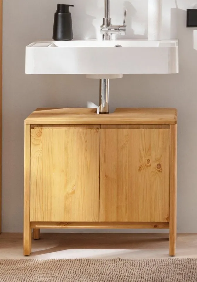 OTTO products Waschbeckenunterschrank Jorrick Breite 60 cm, Kiefer mit Bio Öl/Wachs behandelt, Siphonausschnitt, Beige, – Produktbild 7 von 8