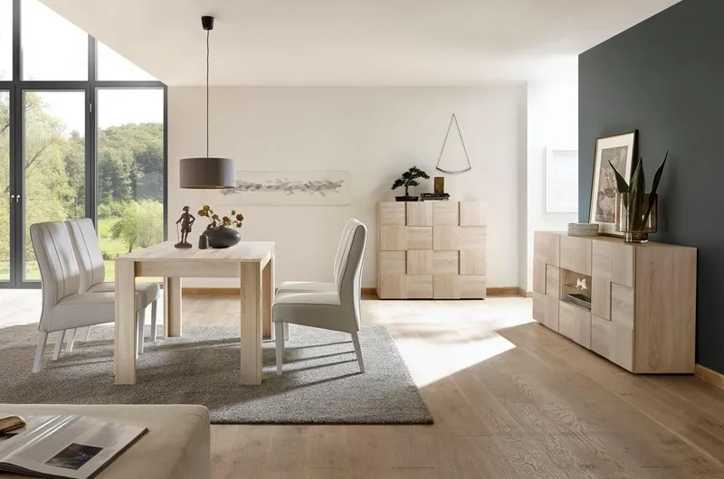 Home affaire Highboard Dama Höhe 111 cm, Breite 121 cm, Kommode 2 Türen, Hochkommode, Front in 3D-Optik, viel Stauraum, verschiedene Farben, Beige, – Produktbild 1 von 5