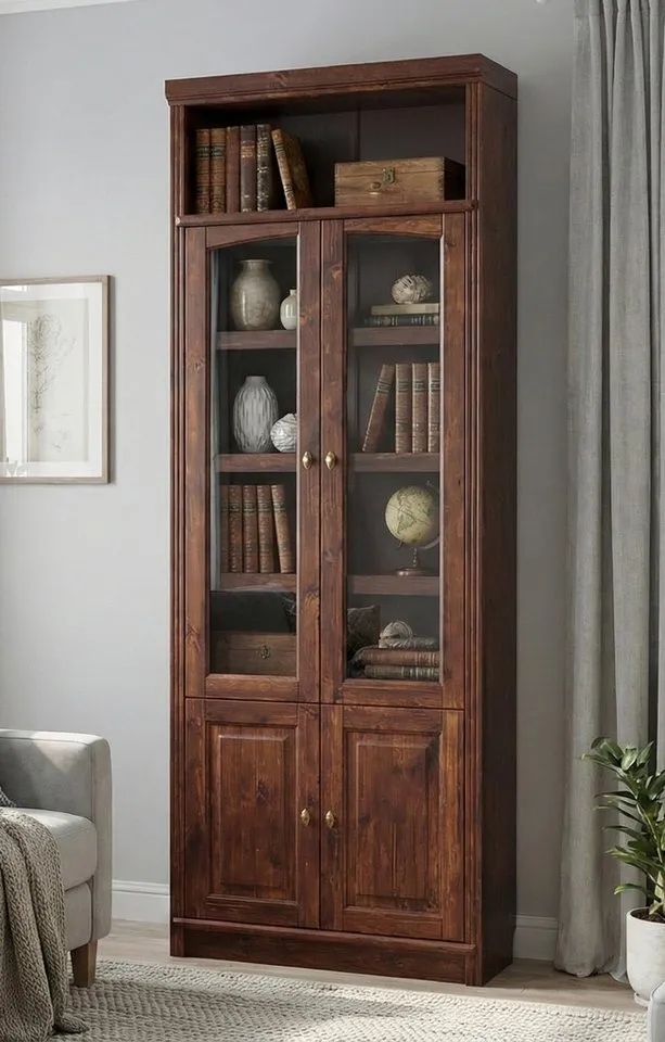 OTTO home Vitrine Soeren Regal mit 2 Glastüren und 2 Holztüren, B/TH: 80/29/220 cm Kiefer FSC®-zertifiziert, 1 offenes Fach, 6 Fächer hinter den Türen, Braun, – Produktbild 2 von 4