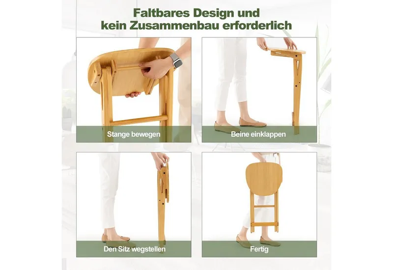 COSTWAY COSTWAY Barhocker Bambus, Sitzhocker klappbar (2 Set), ohne Lehne, Sitzhöhe 61cm, 150kg, Beige, – Produktbild 4 von 5