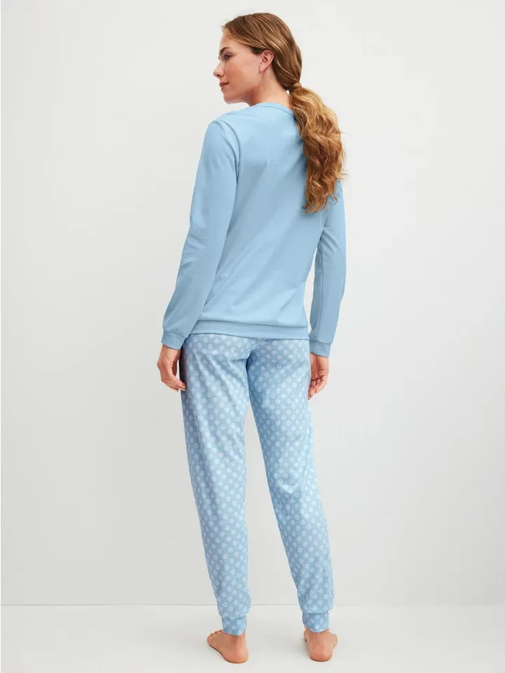 CALIDA CALIDA Schlafanzug Lovely Nights (2 tlg) Oberteil uni, Hose gestreift, Rundhalsausschnitt, weich, Langarm, Blau, – Produktbild 3 von 5