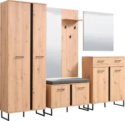 Home affaire Garderoben-Set Sardinia 5-teiliges Set mit Spiegel in Eiche mit schwarzen Elementen, (Set, 5-St., Garderobenschrank, Schuhkommode, Schuhbank, Garderobenpaneel, Spiegel) – Produktbild 1 von 1