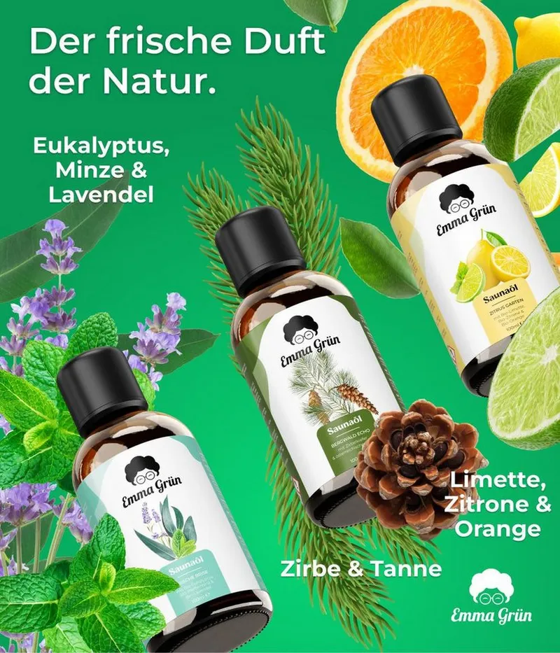 Emma Grün Sauna-Aufgussset holzig, frisch & spritzig, 3x 100ml (3-tlg) 100% naturreine ätherische Bio-Öle – Produktbild 4 von 5