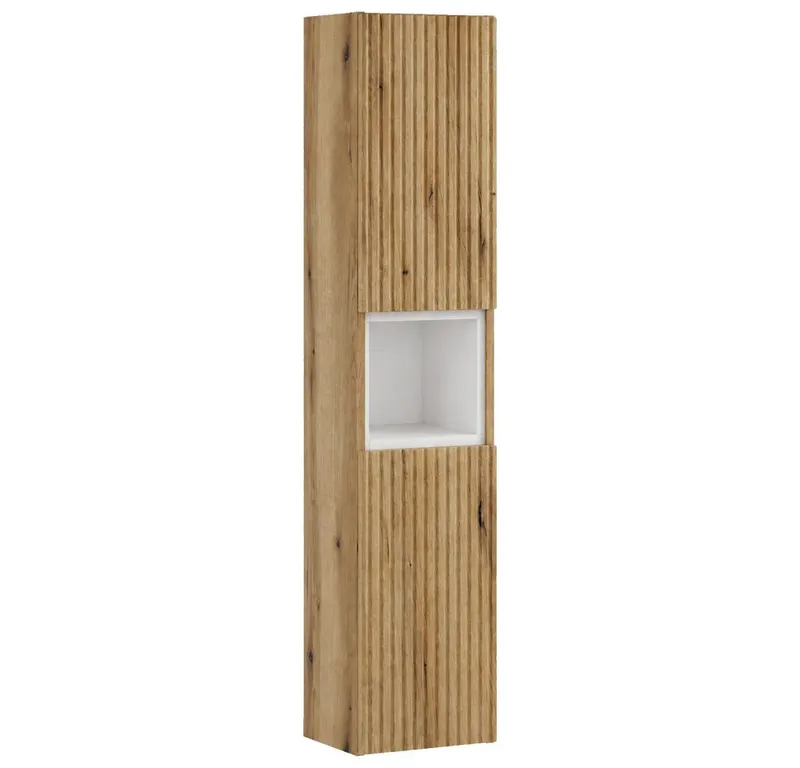 Lomadox Hochschrank NEWPORT-56-EVOKE Badschrank Eiche Rillen 30 cm Fach in Weiß grifflos Softclose Türen, Braun, – Produktbild 1 von 5