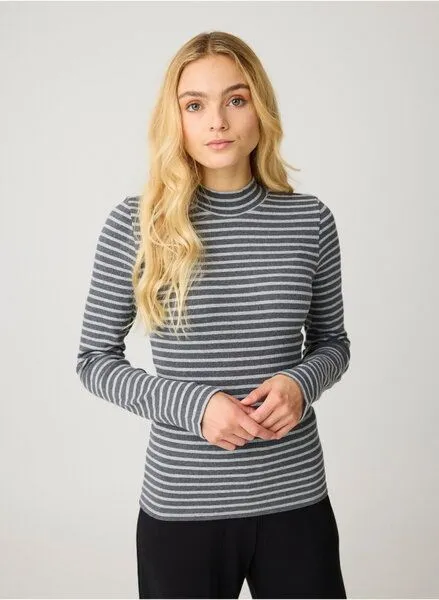 KnowledgeCotton Apparel KnowledgeCotton Apparel Langarmshirt - Rib high neck long sleeved - aus Bio-Baumwolle, Gestreift (stripe-grey), – Produktbild 2 von 3