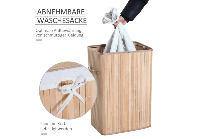 HOMCOM HOMCOM Wäschekorb schmal Wäschesammler mit Griff, für Schlafzimmer & Bad, natur (Wäschekorb, 1 St., Wäschebox), Bambus, faltbar, 72L, Natur, 40 x 30 x 60 cm, Beige, – Produktbild 5 von 5