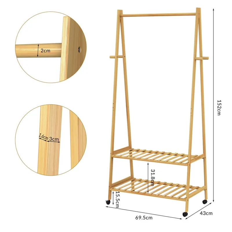Casaria® Kleiderständer Bambus mit Rollen 155x70x45cm – Produktbild 2 von 2