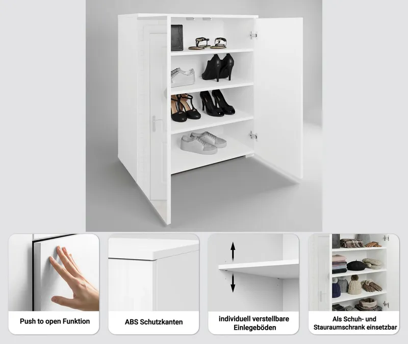 OTTO home Schuhkommode Paris, zwei Türen mit verstellbaren Einlegeböden, Breite 70cm, Weiß, – Produktbild 1 von 5