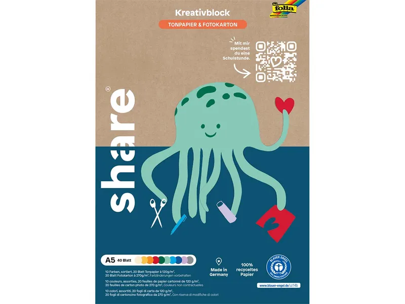 Share share Tonpapier und Fotokarton "Kreativblock" DIN A5, 40 Blatt, farbig sortiert - neu – Produktbild 1 von 1