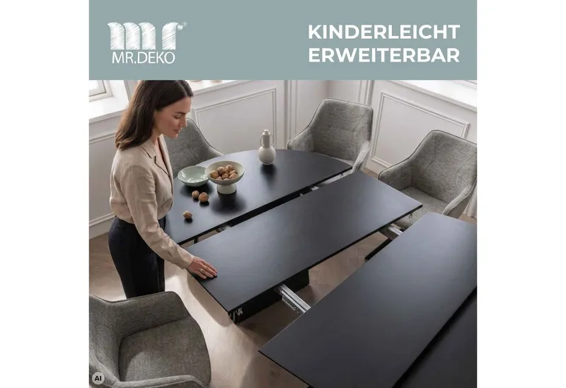 MR.DEKO Esstisch ausziehbar Andria Oval 120/210x120cm Black Oak Ausziehbarer Tisch FSC®, Esstisch, ausziehbar, 18 mm Tischplattenstärke, Schwarz, – Produktbild 5 von 5