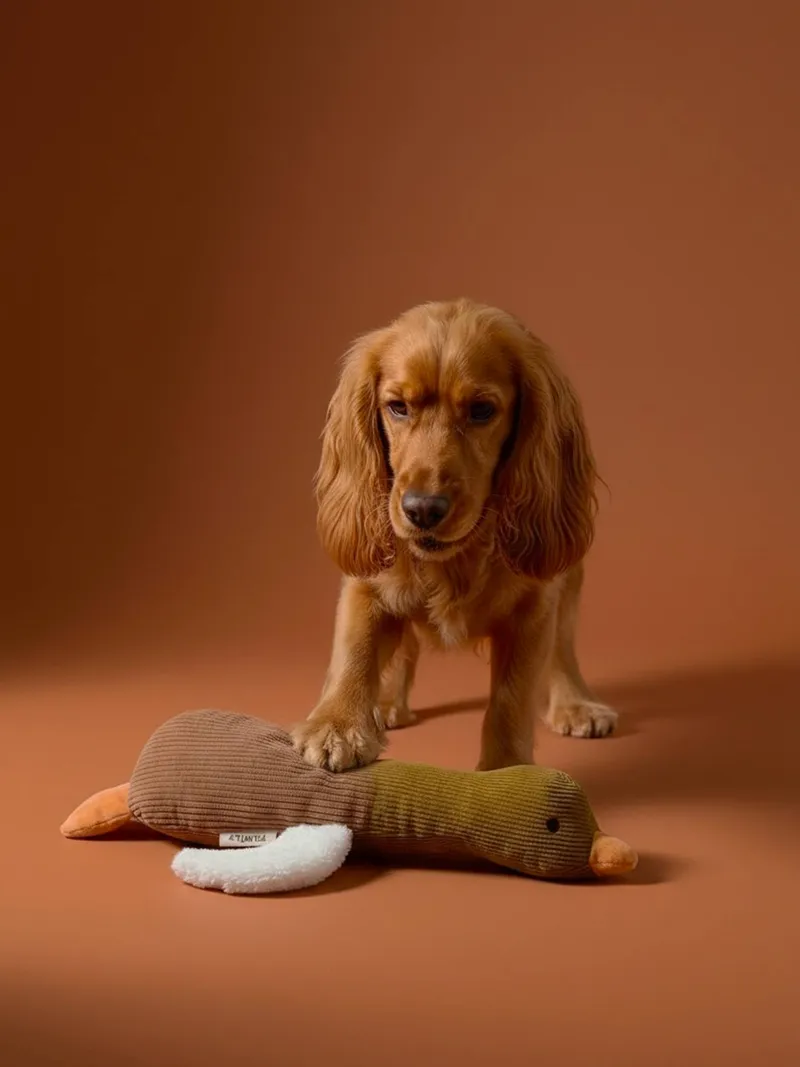 Vertbaudet Hundespielzeug ENTE mit Quietsche und verschiedenen Texturen, Hellbraun, – Produktbild 2 von 4