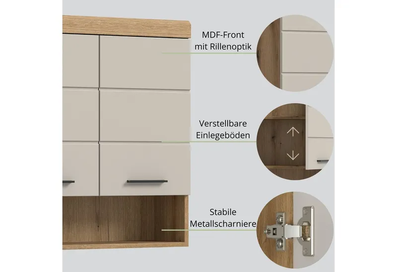furnling Hängeschrank Scott 2 Türen, 1 offenes Fach, Stauraum, Badmöbel, Badschrank, 74 cm breit, Grau, – Produktbild 4 von 5