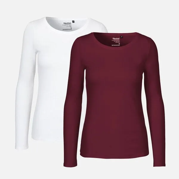 Neutral Neutral® Damen Langarm T-Shirt Bio Baumwolle Modern Fit Körpernah geschnitten, Bordeaux / weiss, – Produktbild 1 von 3